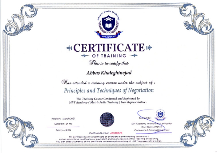 گواهینامه Principles & Techniques Of Negotiation از موسسه MPT آمریکا